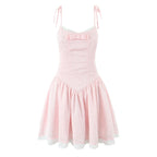 Women Sexy Pink White Jacquard Floral Bow Lacing Up Sling Dress Low Waist Spliced Lace Ball Gown Mini Dresses Party Robe