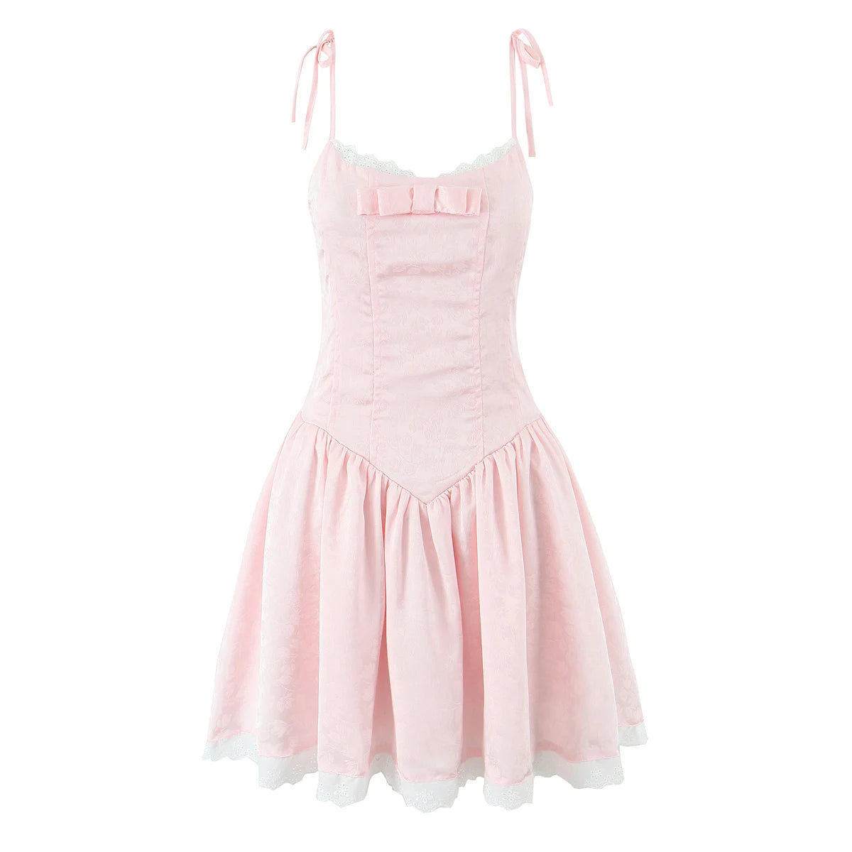 Women Sexy Pink White Jacquard Floral Bow Lacing Up Sling Dress Low Waist Spliced Lace Ball Gown Mini Dresses Party Robe