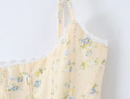Summer Sexy Corset Yellow Floral Print Tie Bow Strap Camis Women Cross Lacing Up Bandage Bow Back Tank Top Slim Fit Vest Tee