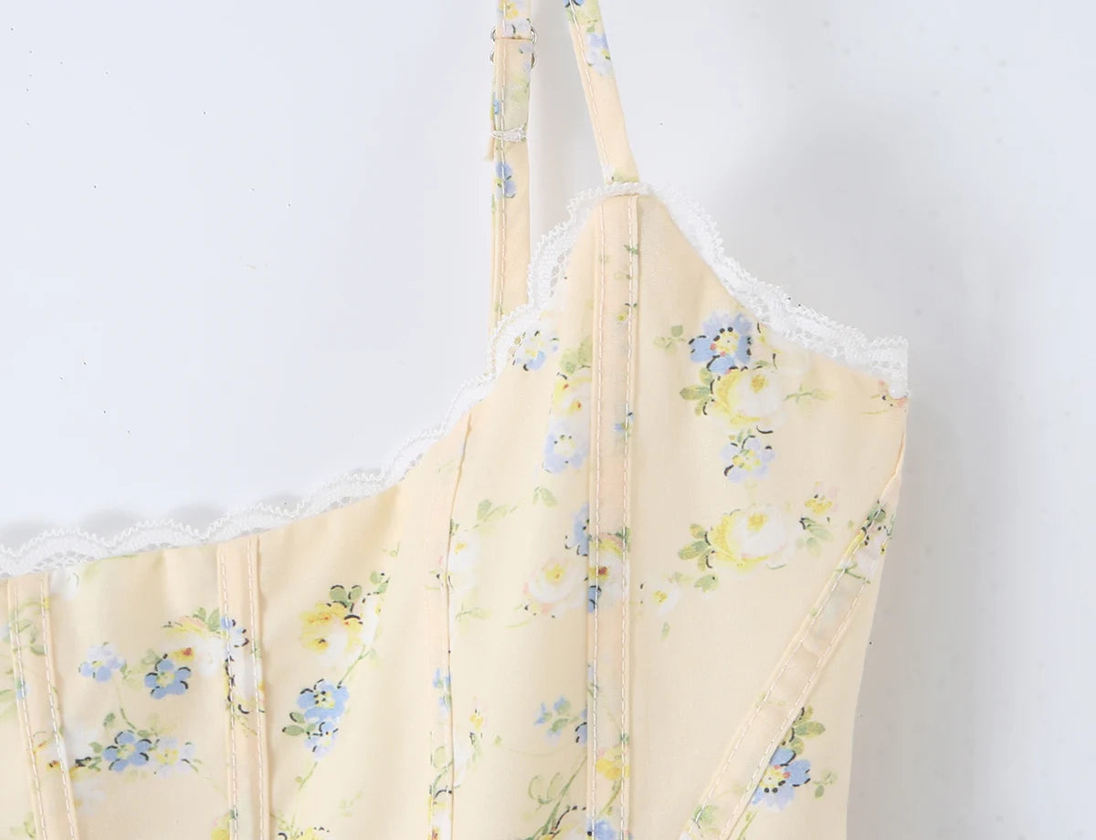 Summer Sexy Corset Yellow Floral Print Tie Bow Strap Camis Women Cross Lacing Up Bandage Bow Back Tank Top Slim Fit Vest Tee