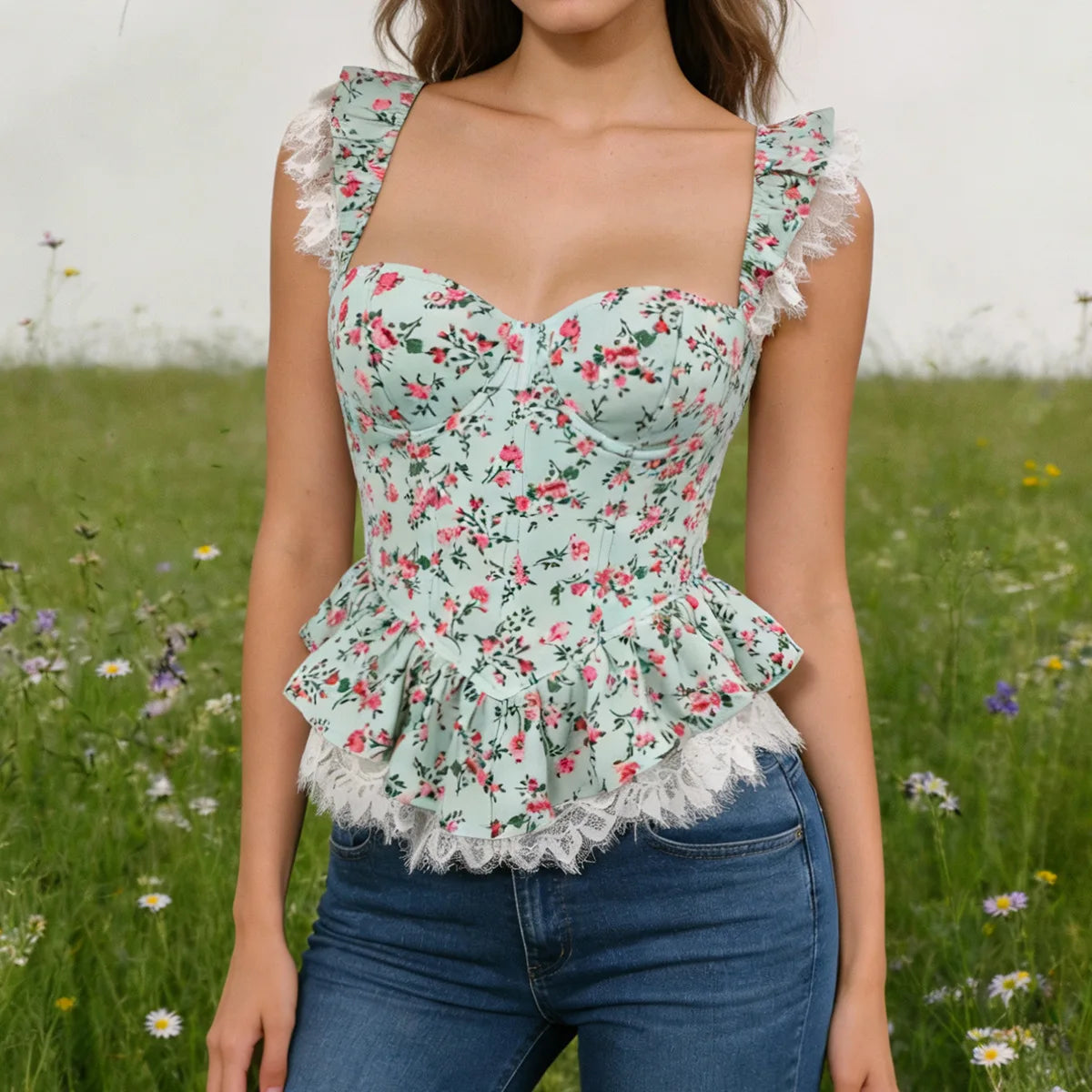 Floral Print Corset Top Ruffle Strap Lace Hem Peplum Bustier Sweet Back Lace‑Up Slim Fitted Vintage Crop Top for Ladies
