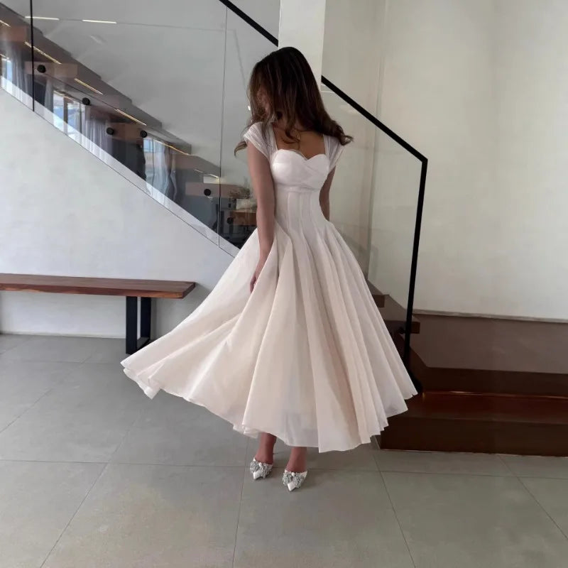 Women's Elegant Tulle Formal Dress Summer Sexy Square Neck Corset Waist A-Line Tea-Length Gown for Wedding Cocktail Party