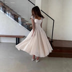 Women's Elegant Tulle Formal Dress Summer Sexy Square Neck Corset Waist A-Line Tea-Length Gown for Wedding Cocktail Party