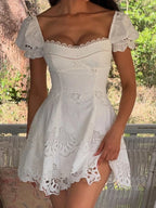 Lace Hollow Mini White Dress Chic Women's Bubble Sleeve Square Neck A-line Pleated Dress 2026 Women's Holiday Beach Robe