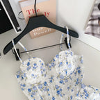 Sweet Spicy Floral Print Crop Top Women's Summer Pure Desire Versatile Bell Bottom Sleeveless Vest Belted Waist Halter Neck
