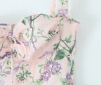2025 Romantic Pink Floral Print Bow Ruched Bra Chest Sling Dress Women Low Waist Fold Swing Lace Lining Midi Long Dresses Robe
