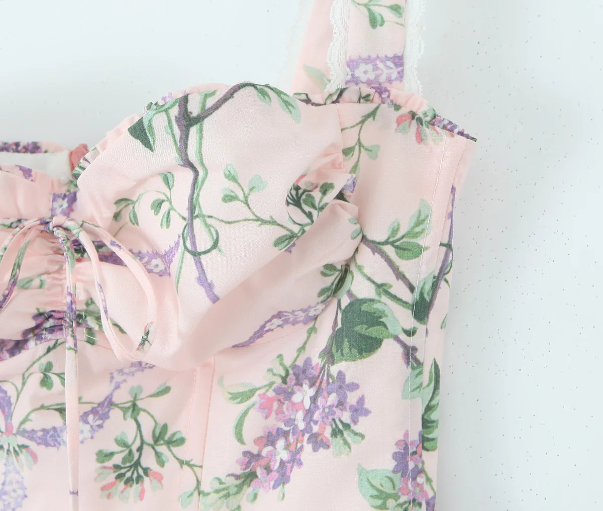 2025 Romantic Pink Floral Print Bow Ruched Bra Chest Sling Dress Women Low Waist Fold Swing Lace Lining Midi Long Dresses Robe