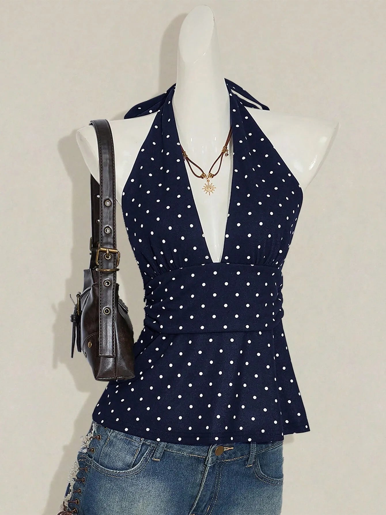 Women's Polka Dot Halter Top Sleeveless Deep V Neck Backless Tie Back Peplum Camisole for Summer