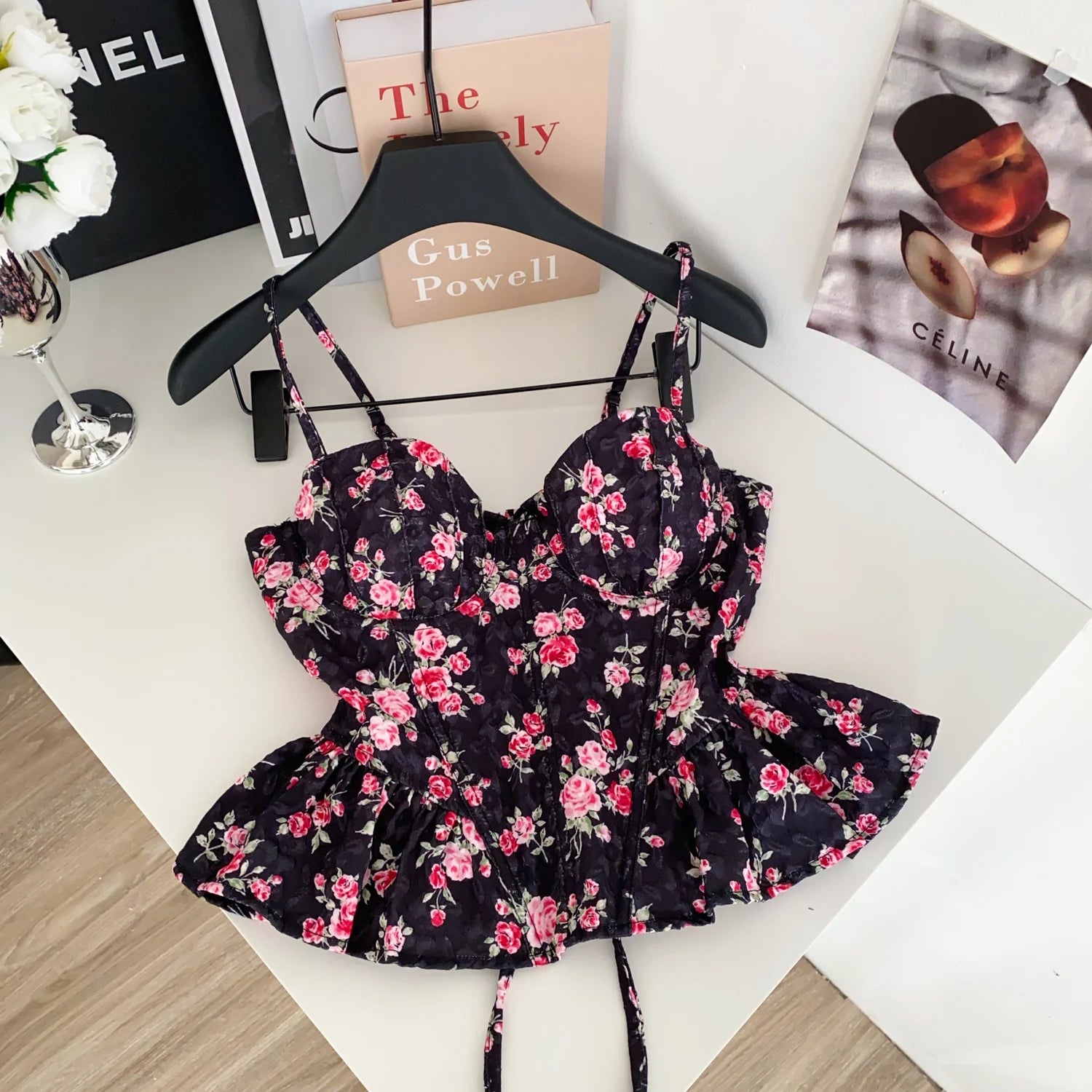 Sweet Spicy Floral Print Crop Top Women's Summer Pure Desire Versatile Bell Bottom Sleeveless Vest Belted Waist Halter Neck