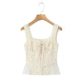 2024 Apricot Spliced Lace Bow Ruched Chest Embroidery Sexy Corset Women Summer Tank Tops Pleated Slim Through Buttons Crop Top