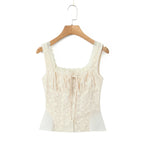 2024 Apricot Spliced Lace Bow Ruched Chest Embroidery Sexy Corset Women Summer Tank Tops Pleated Slim Through Buttons Crop Top