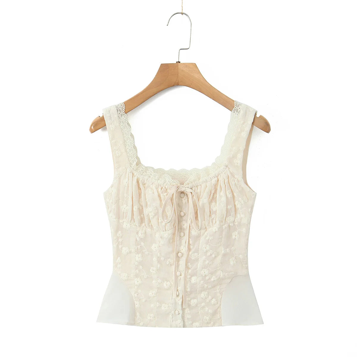 2024 Apricot Spliced Lace Bow Ruched Chest Embroidery Sexy Corset Women Summer Tank Tops Pleated Slim Through Buttons Crop Top