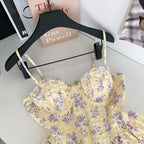 Sweet Spicy Floral Print Crop Top Women's Summer Pure Desire Versatile Bell Bottom Sleeveless Vest Belted Waist Halter Neck
