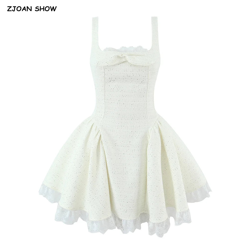 Sweet 3D Bow U collar Bright Sequins Tweed Tank Dress Women Back Zipper Low Waist Ruched Ball Gown Lace Hem Short Sling Vestidos