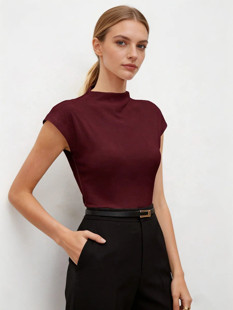 Hot Mock Neck Stretchy Slim Fit Burgundy Cap Sleeve Top, Blouse for Women Office & Daily