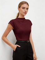 Hot Mock Neck Stretchy Slim Fit Burgundy Cap Sleeve Top, Blouse for Women Office & Daily