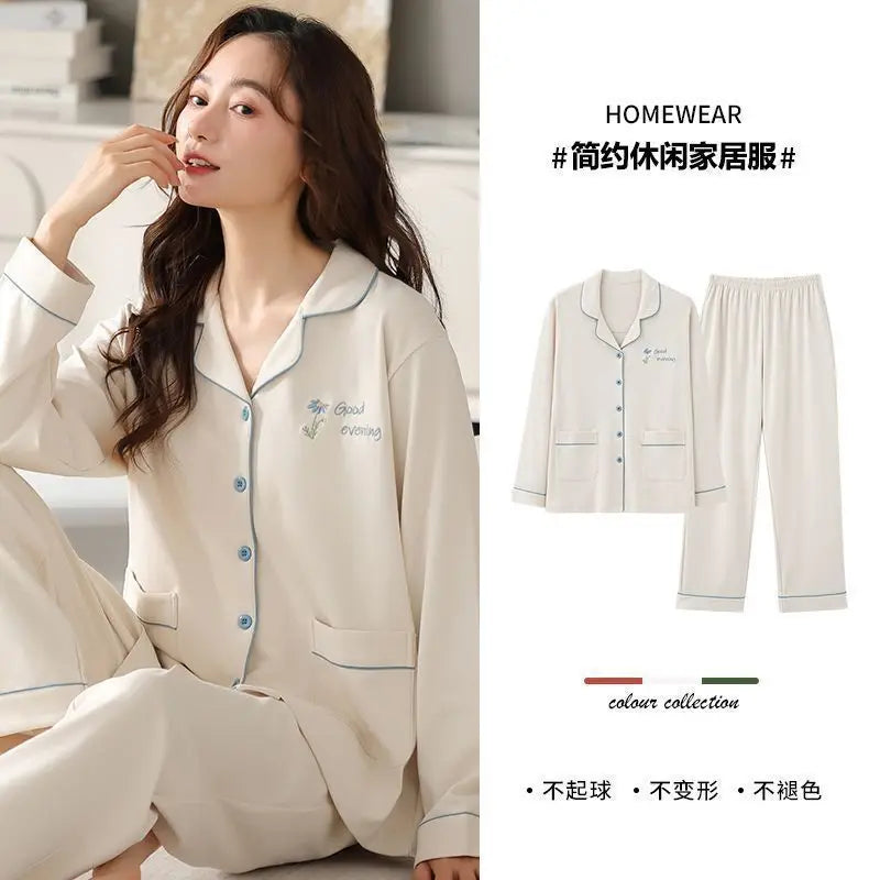Spring Autumn Loose Long Sleeve Sleepwear Thin Home Clothes Set for Women Cotton Comfortable Home Suit Large Size Options