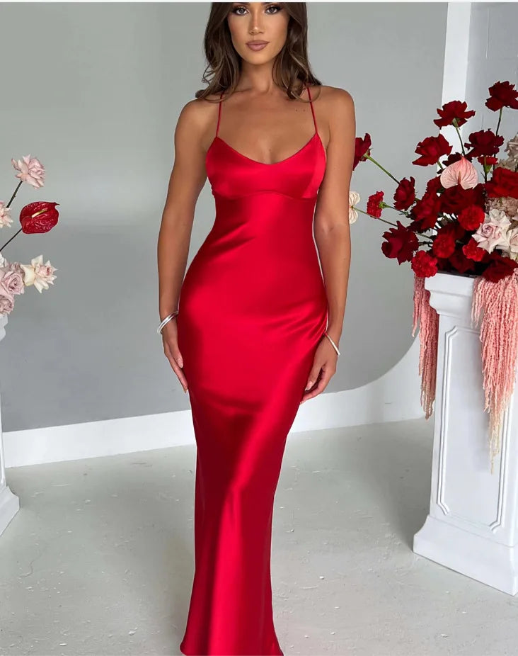 New Fashion Backless Women's Evening Dresses Slash Neck Spaghetti Strap Satin Dress Spring and Summer High Waist Slim Lady Dress