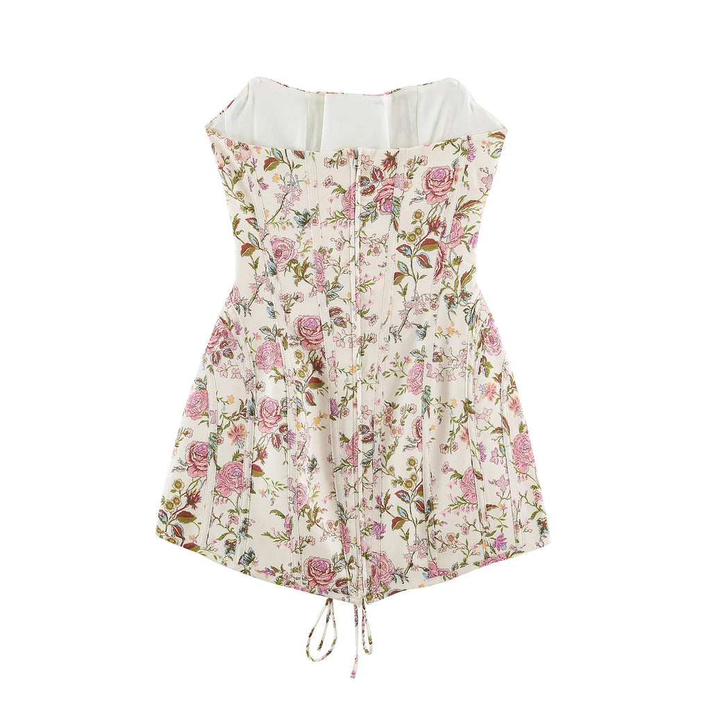 2026 Summer Women's French Elegant Sleeveless Lace-up Wrap Frock Gown Lady Vintage Backless Floral Print Cropped Mini Dresses