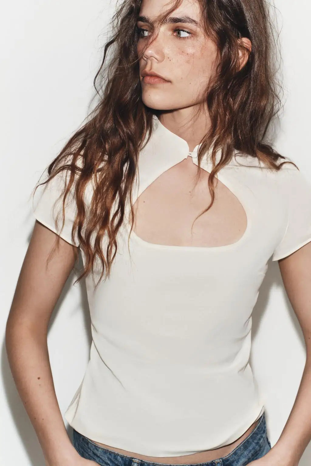 Summer New Women's Casual Style Short Sleeve Zhongshan Collar Polka Dot Slit Top Skin-friendly Breathable Polyester Fiber
