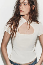 Summer New Women's Casual Style Short Sleeve Zhongshan Collar Polka Dot Slit Top Skin-friendly Breathable Polyester Fiber