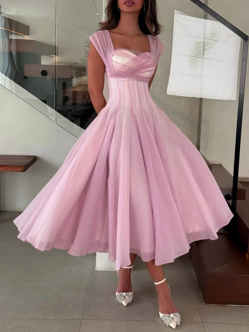Women's Elegant Tulle Formal Dress Summer Sexy Square Neck Corset Waist A-Line Tea-Length Gown for Wedding Cocktail Party