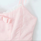 Women Sexy Pink White Jacquard Floral Bow Lacing Up Sling Dress Low Waist Spliced Lace Ball Gown Mini Dresses Party Robe