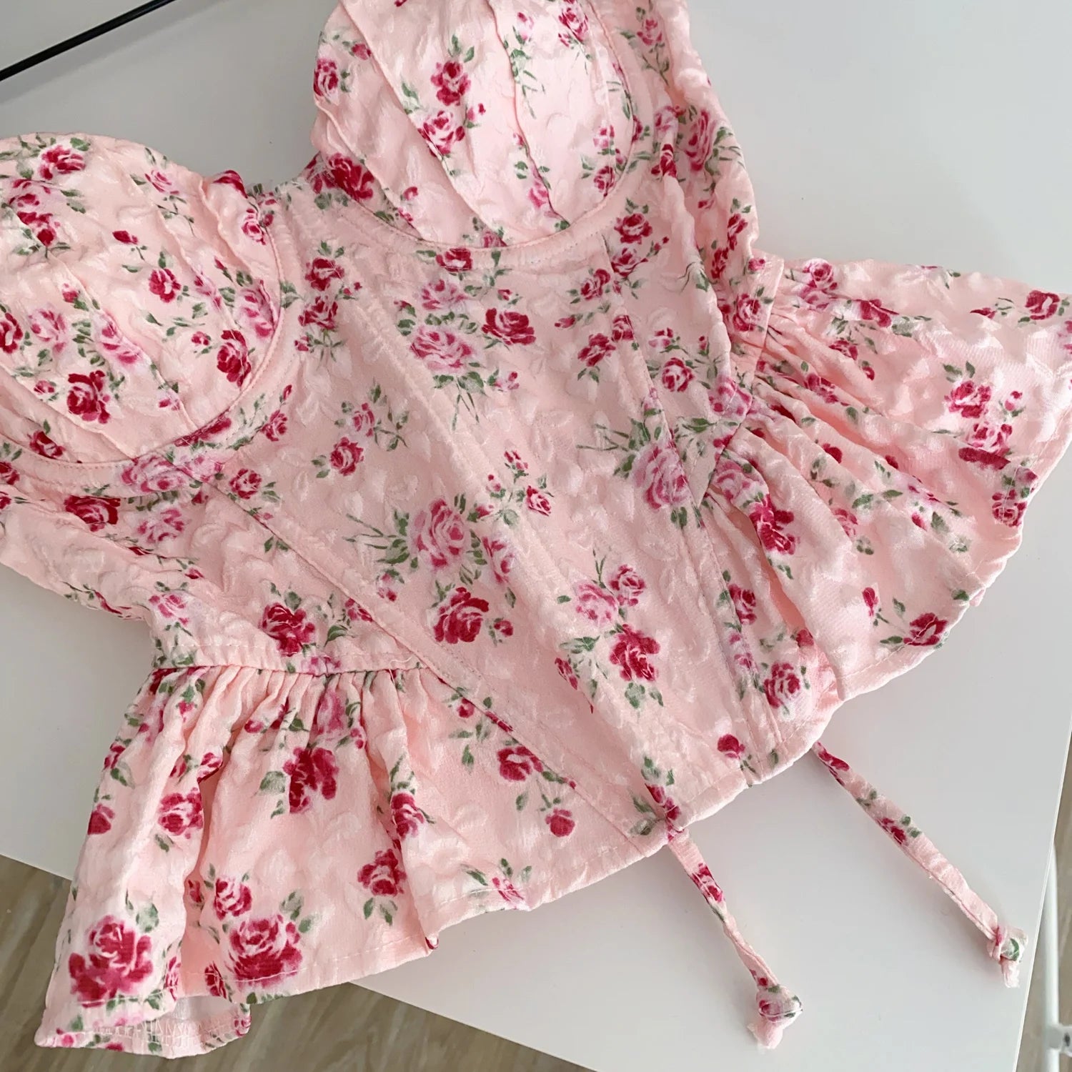 Sweet Spicy Floral Print Crop Top Women's Summer Pure Desire Versatile Bell Bottom Sleeveless Vest Belted Waist Halter Neck