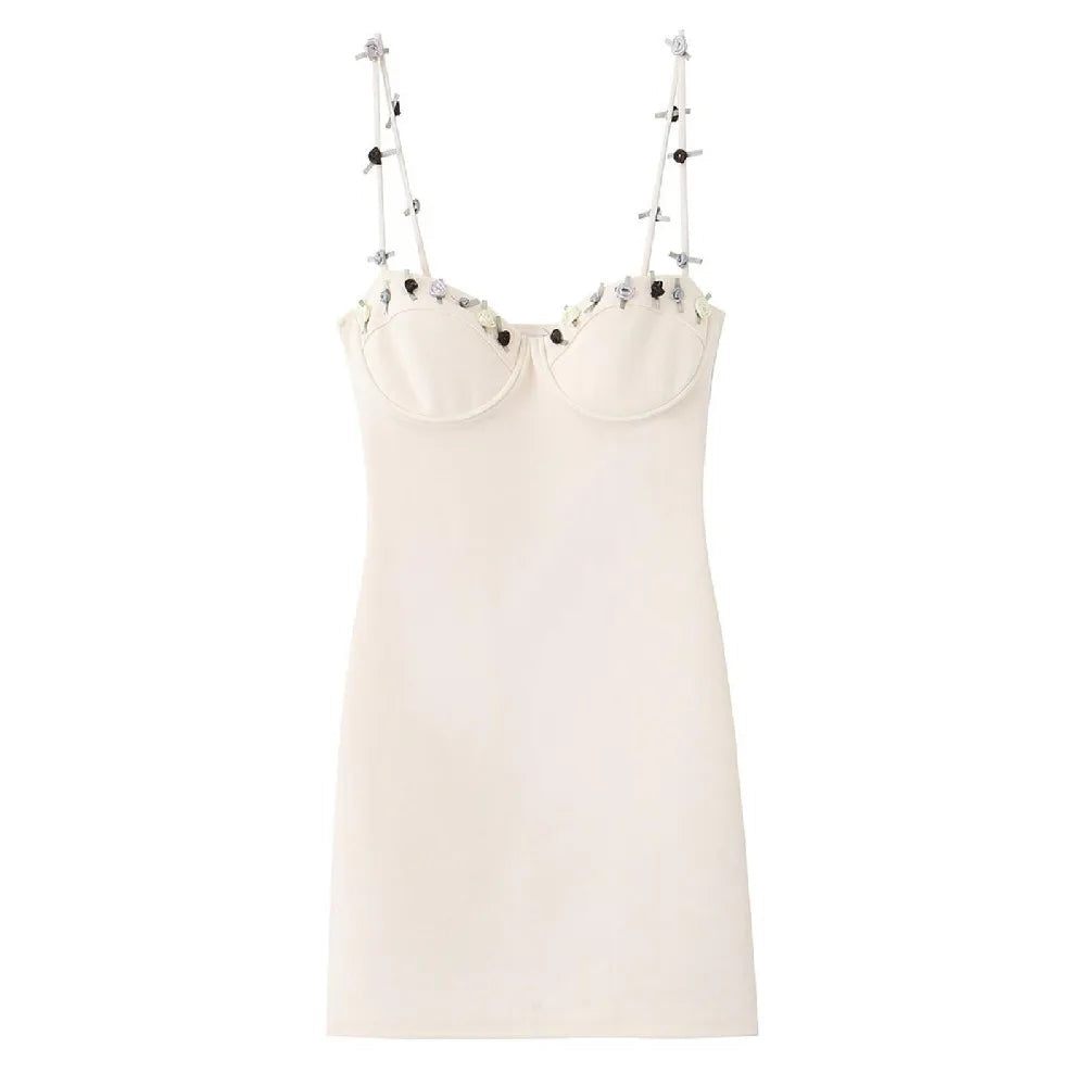 Sexy Beige Appliques 3D Flower Strap Bra Chest Corset Style Sling Dress Women Skinny Package Hips Mini Short Dresses Femme Robe