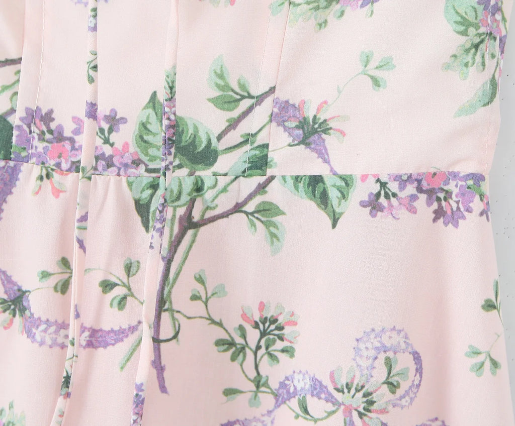 2025 Romantic Pink Floral Print Bow Ruched Bra Chest Sling Dress Women Low Waist Fold Swing Lace Lining Midi Long Dresses Robe