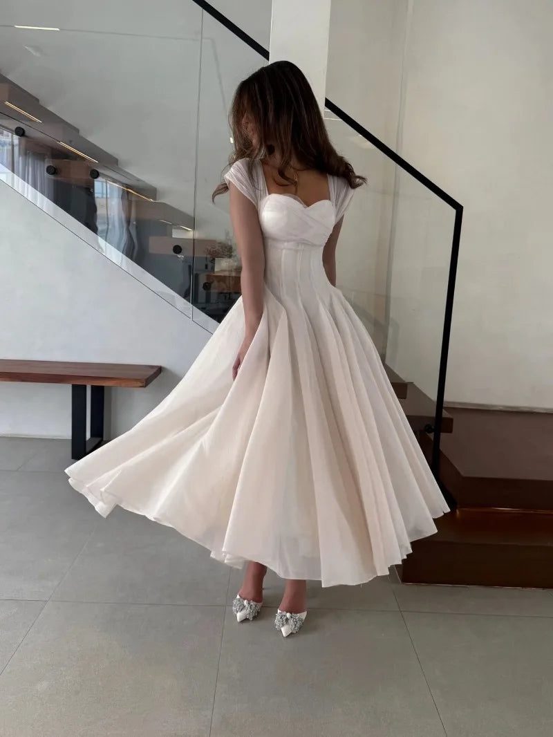 Women's Elegant Tulle Formal Dress Summer Sexy Square Neck Corset Waist A-Line Tea-Length Gown for Wedding Cocktail Party