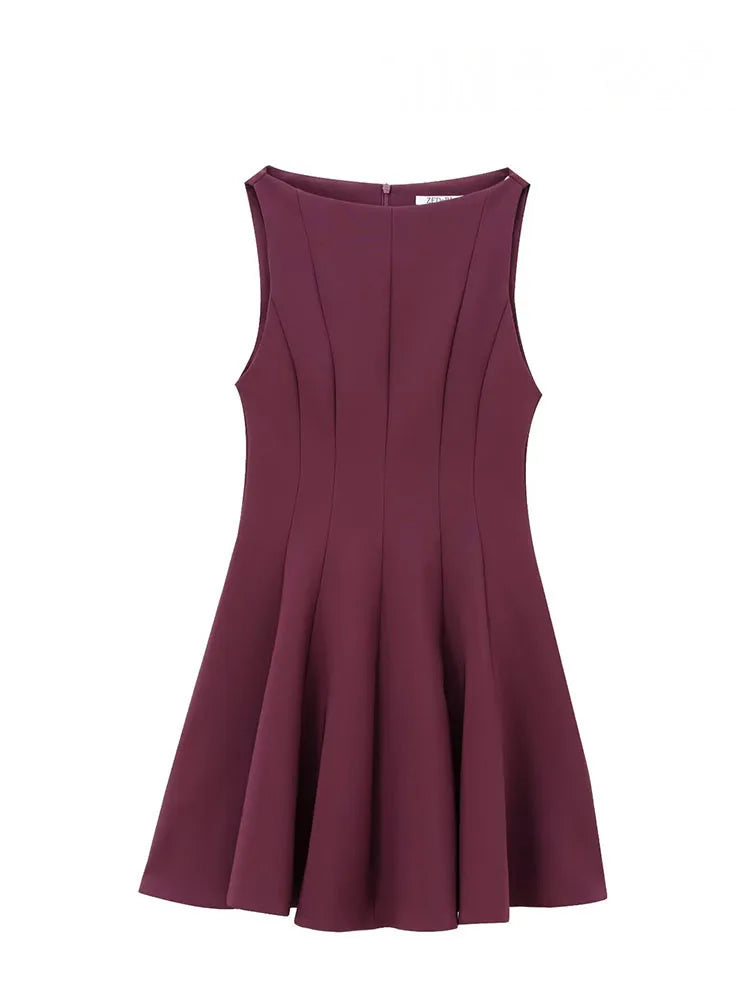 HH Women Summer Sexy Sleeveless Solid Casual Mini Dress Female Vintage Chic High Street Slim Rear Zipper Pleated Dress