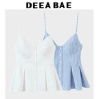 DEEABAE Korean Style Contrast Striped Vest Suspenders Summer Slim Fit Single-breasted Outer Wear Layered Top