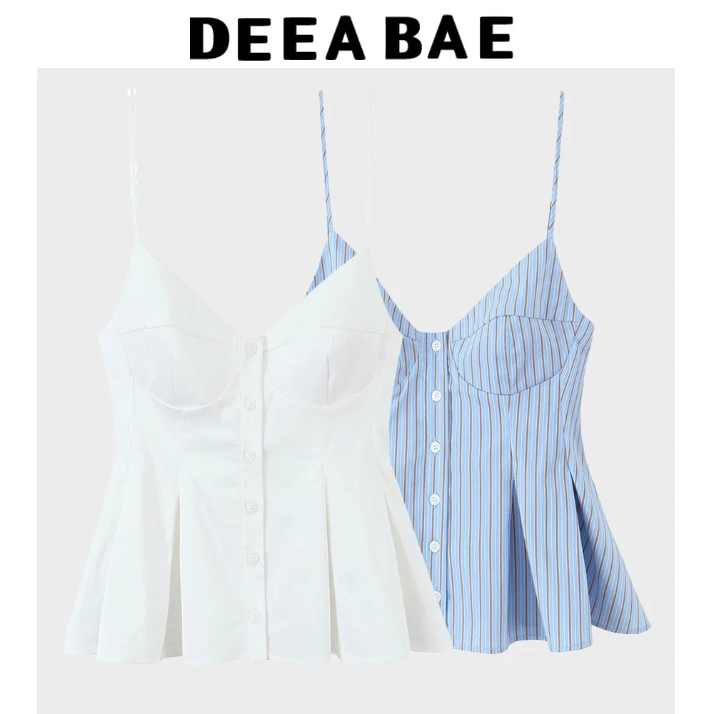 DEEABAE Korean Style Contrast Striped Vest Suspenders Summer Slim Fit Single-breasted Outer Wear Layered Top