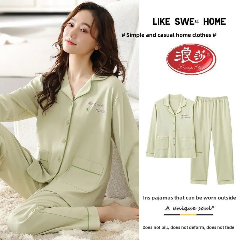Spring Autumn Loose Long Sleeve Sleepwear Thin Home Clothes Set for Women Cotton Comfortable Home Suit Large Size Options