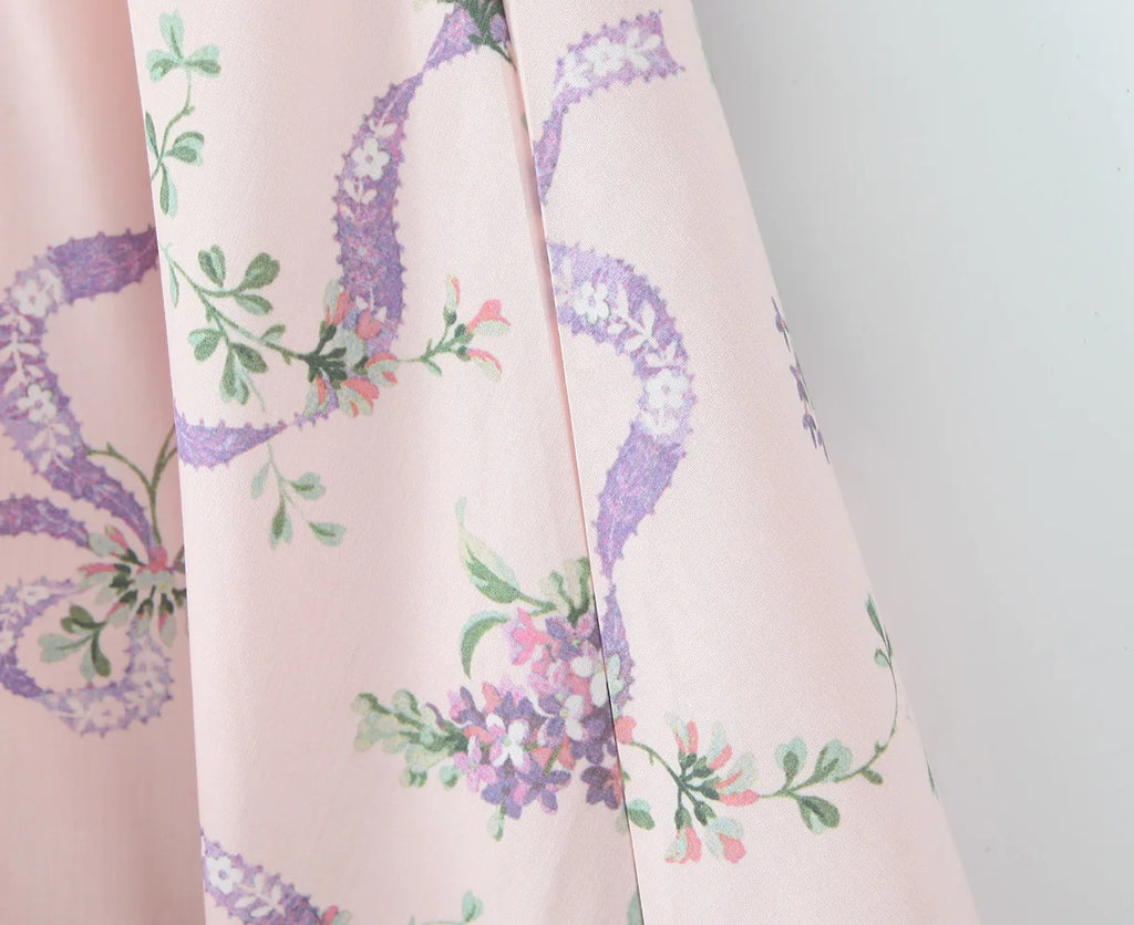 2025 Romantic Pink Floral Print Bow Ruched Bra Chest Sling Dress Women Low Waist Fold Swing Lace Lining Midi Long Dresses Robe