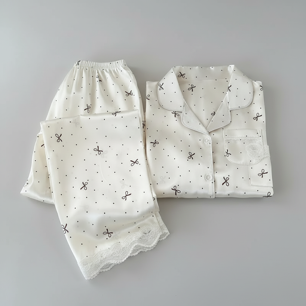 New Korean-Style Elegant Young Ladies' Pyjamas Summer New Arrival Short-Sleeved Polka Dot Bow Ice Silk Pyjama Set Homewear Set