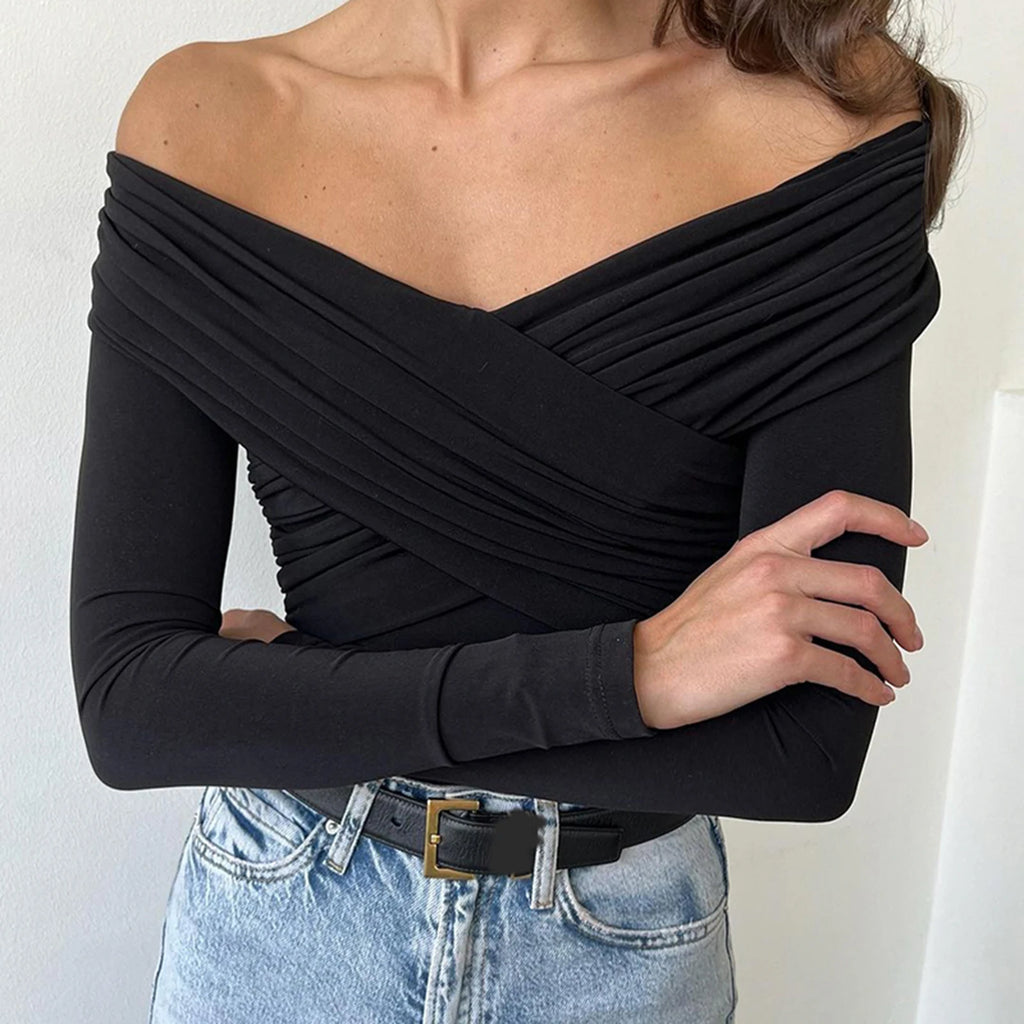 Women Off Shoulder Shirts Short Shirts Fashion Front Cross Long Sleeve Slim Fit Tops Ladies Clothing Clubwear Female Streetwear