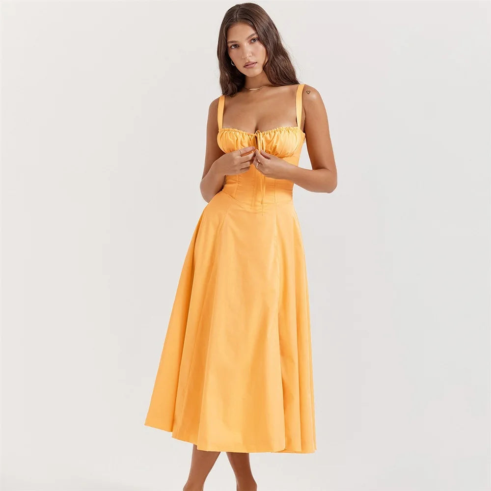 Sexy Pink Corset Midi Sun Dress Women's Lace Up Slit Dresses Female Bandage Sundress White Black Blue Yellow Red 2025 Summer New