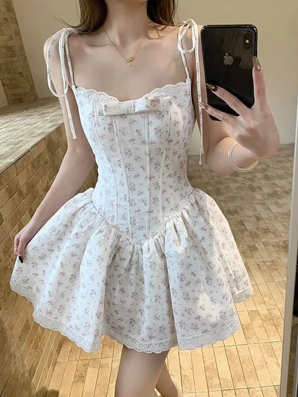 French Coquette Summer Floral Print Corset Mini Dress Women Slim Fit Lace Bow Spaghetti Strap Elegant Party Date Night Outfit