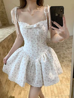 French Coquette Summer Floral Print Corset Mini Dress Women Slim Fit Lace Bow Spaghetti Strap Elegant Party Date Night Outfit