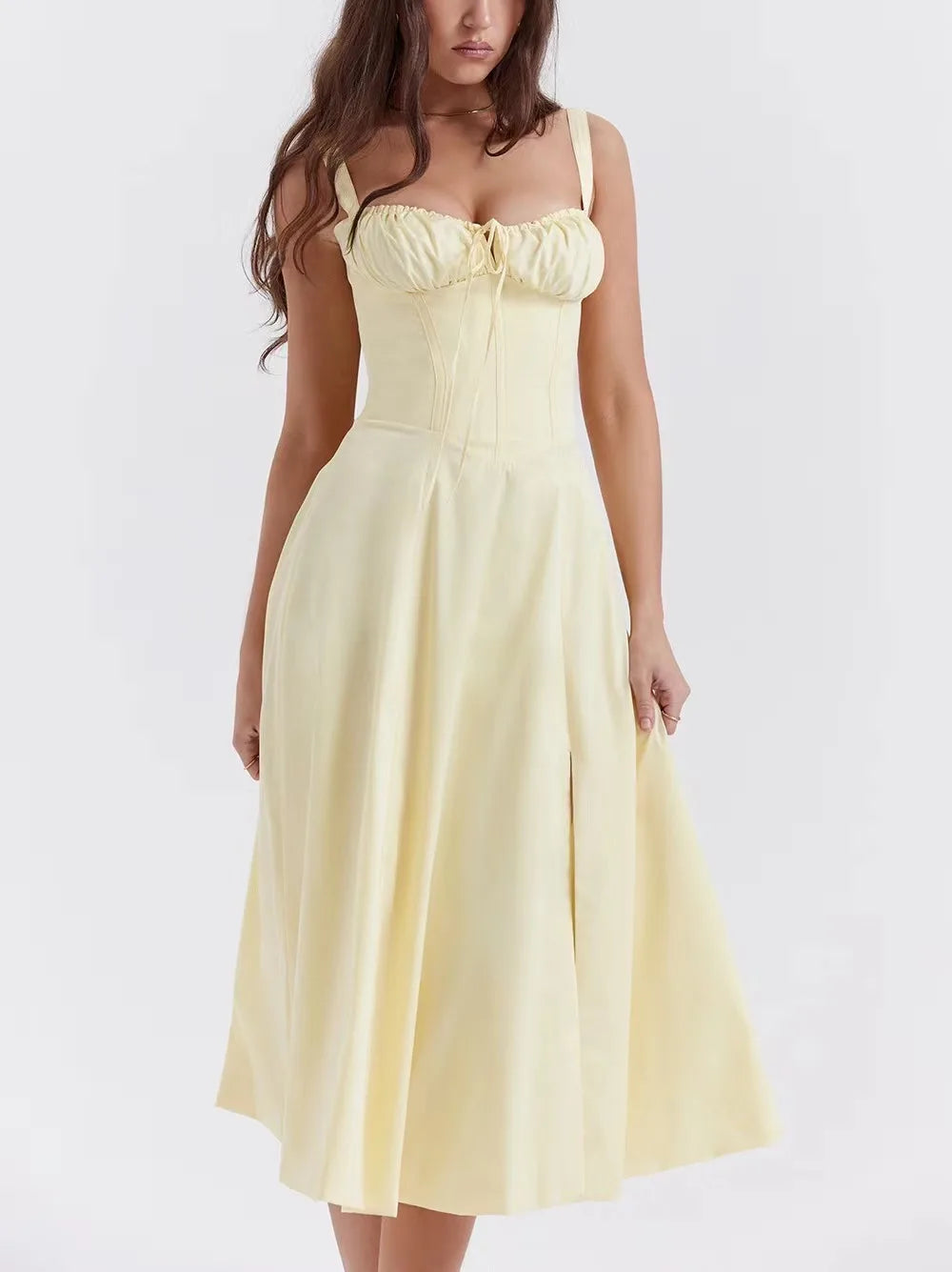 Sexy Pink Corset Midi Sun Dress Women's Lace Up Slit Dresses Female Bandage Sundress White Black Blue Yellow Red 2025 Summer New