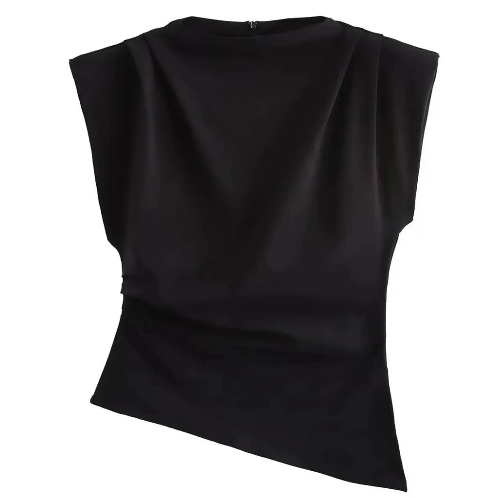 Round neck slim fit tank top with fashionable and sexy slanted edges simple pleats strapless decoration soft padded shoulder top