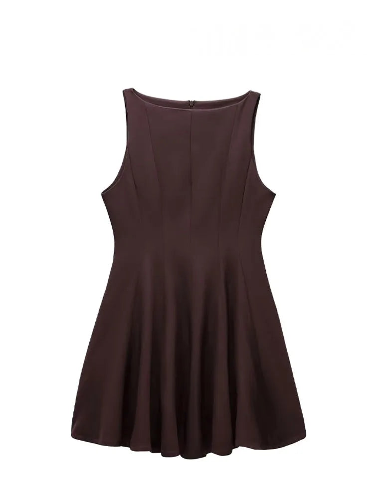 HH Women Summer Sexy Sleeveless Solid Casual Mini Dress Female Vintage Chic High Street Slim Rear Zipper Pleated Dress