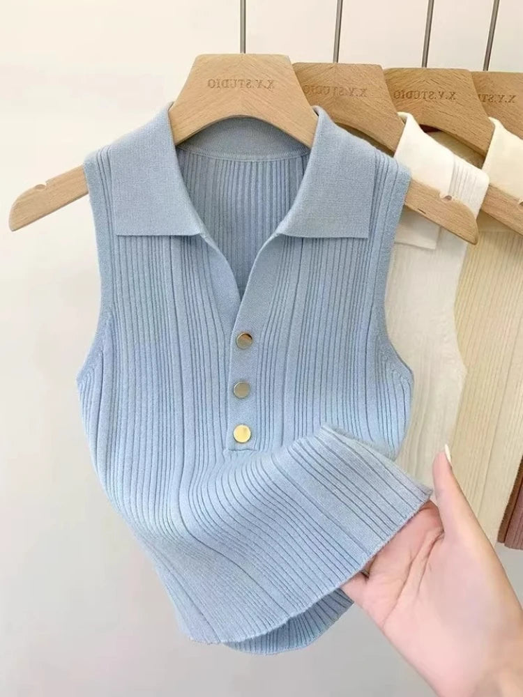 Zjaiss 2026 Spring Summer Slim Versatile Camisole Women's Polo Lapel Tank Tops Vest Ice Silk Knit Sleeveless Tops