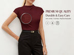 Hot Mock Neck Stretchy Slim Fit Burgundy Cap Sleeve Top, Blouse for Women Office & Daily