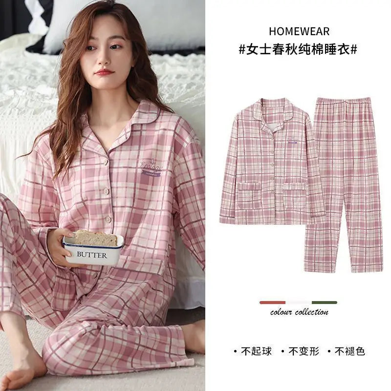 Spring Autumn Loose Long Sleeve Sleepwear Thin Home Clothes Set for Women Cotton Comfortable Home Suit Large Size Options