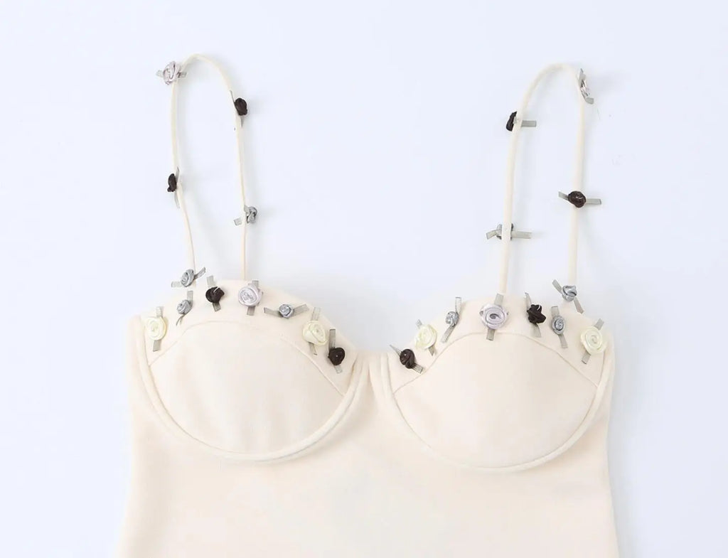 Sexy Beige Appliques 3D Flower Strap Bra Chest Corset Style Sling Dress Women Skinny Package Hips Mini Short Dresses Femme Robe