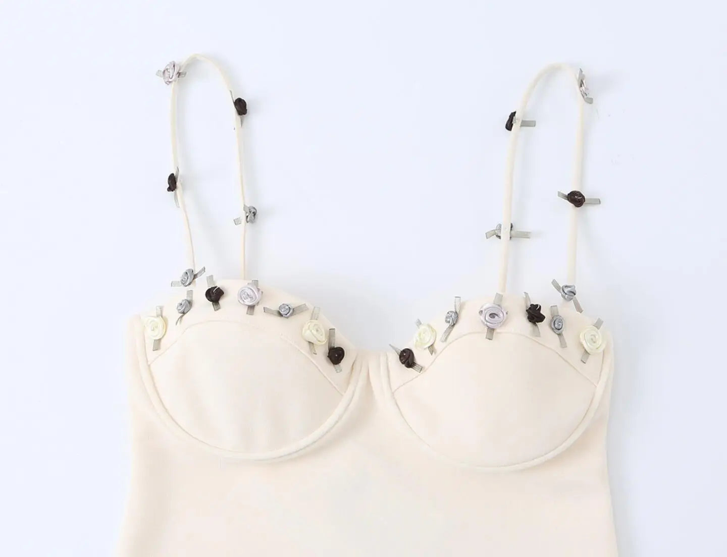 Sexy Beige Appliques 3D Flower Strap Bra Chest Corset Style Sling Dress Women Skinny Package Hips Mini Short Dresses Femme Robe