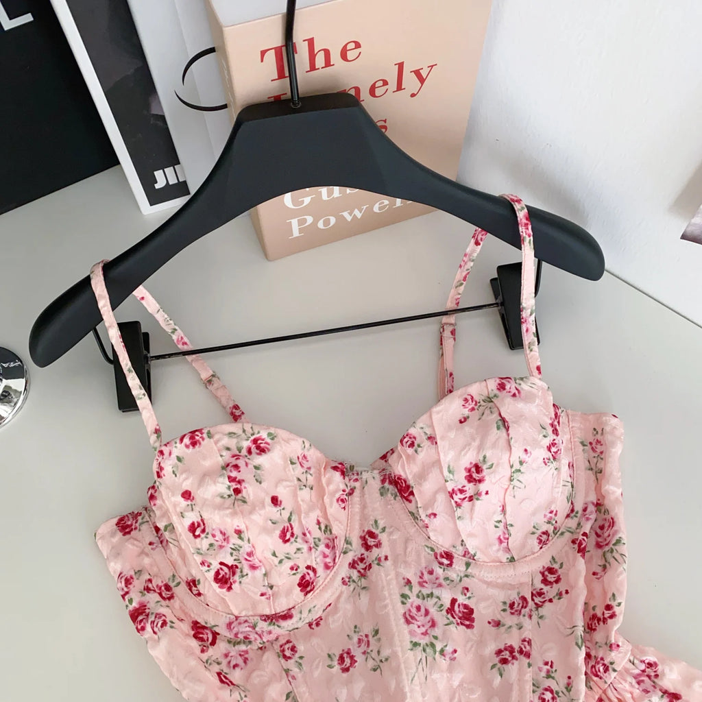 Sweet Spicy Floral Print Crop Top Women's Summer Pure Desire Versatile Bell Bottom Sleeveless Vest Belted Waist Halter Neck
